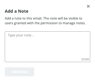 Jatheon Cloud Add Note pop-up for entering a note of up to 500 characters