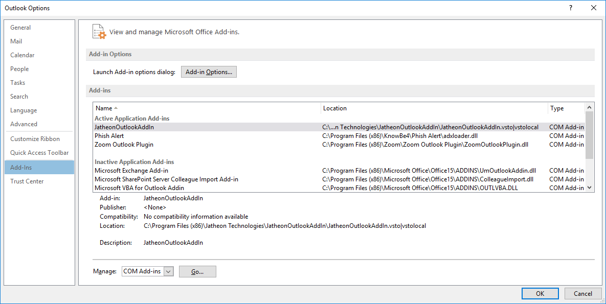 Outlook Options Add-Ins page used to fix the Jatheon cCore Outlook plugin crash