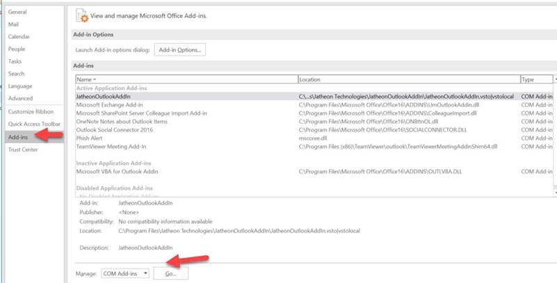Outlook Manage COM Add-ins option for checking the Jatheon cCore add-in