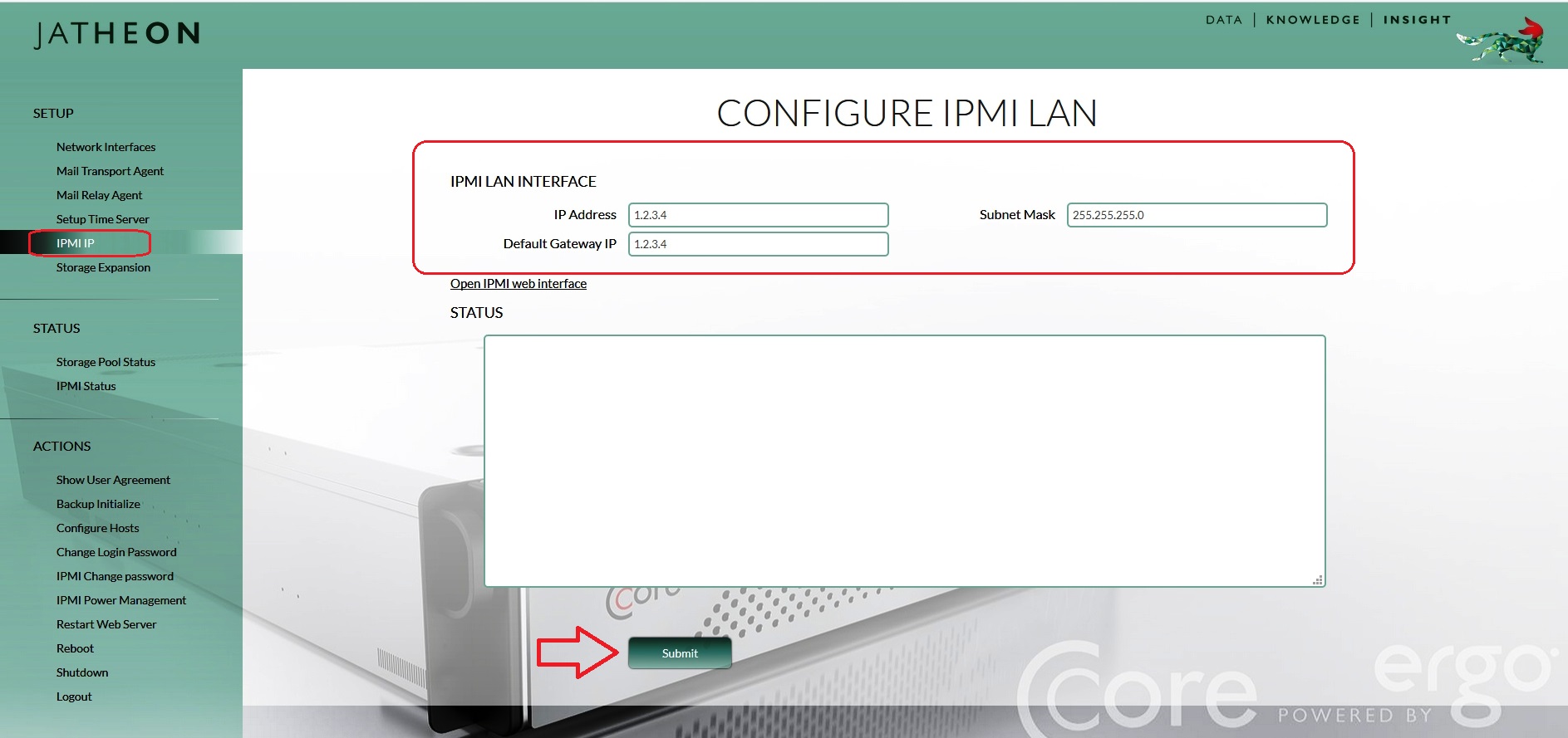 Jatheon cCore Fido-PHP IPMI IP tab with IP address, Default Gateway IP and Subnet mask fields