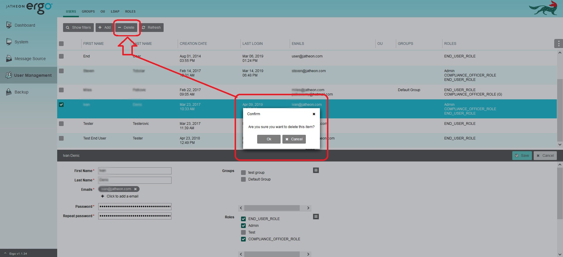 Jatheon cCore Users tab with a user selected for deletion using the Delete button
