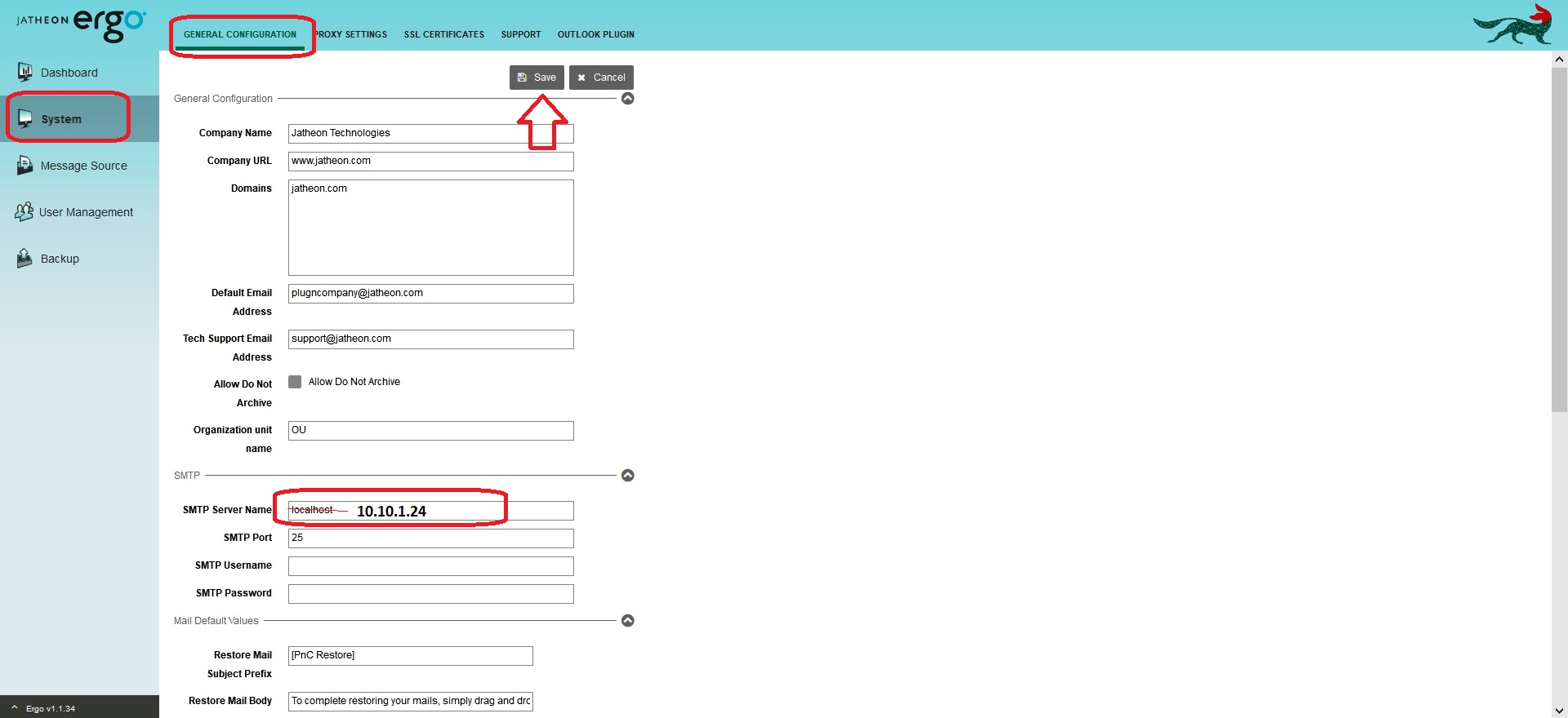 Jatheon cCore SMTP Server section with the new SMTP server IP address and the Save button