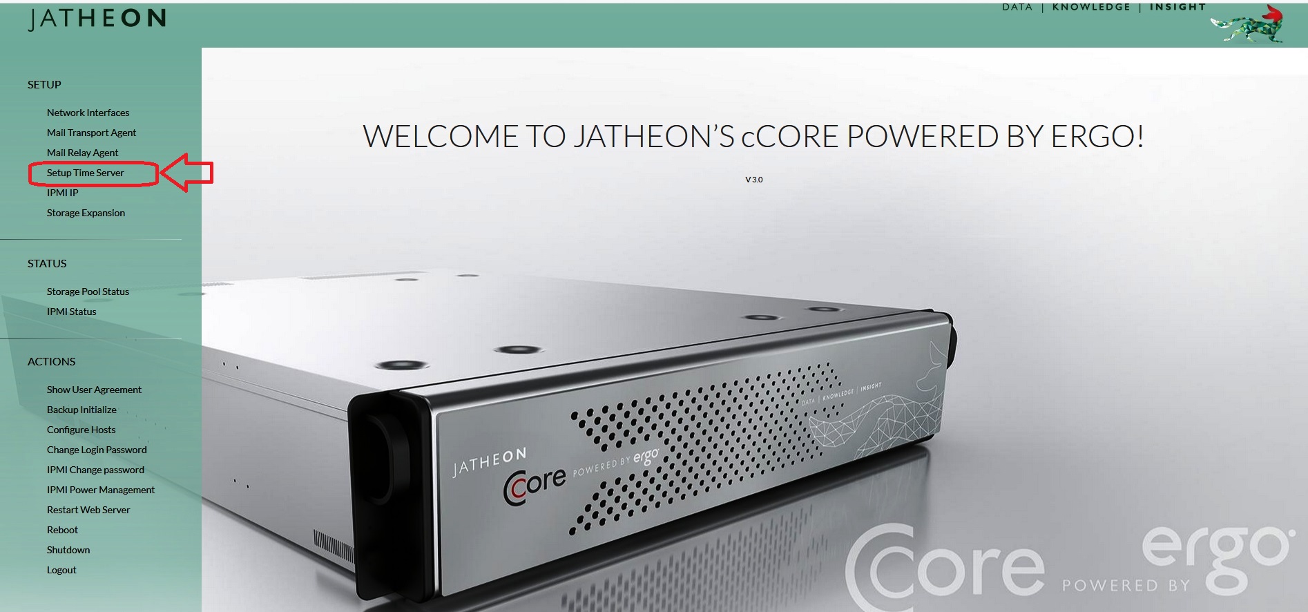 Jatheon cCore Fido-php menu with the Setup Time Server tab on the left