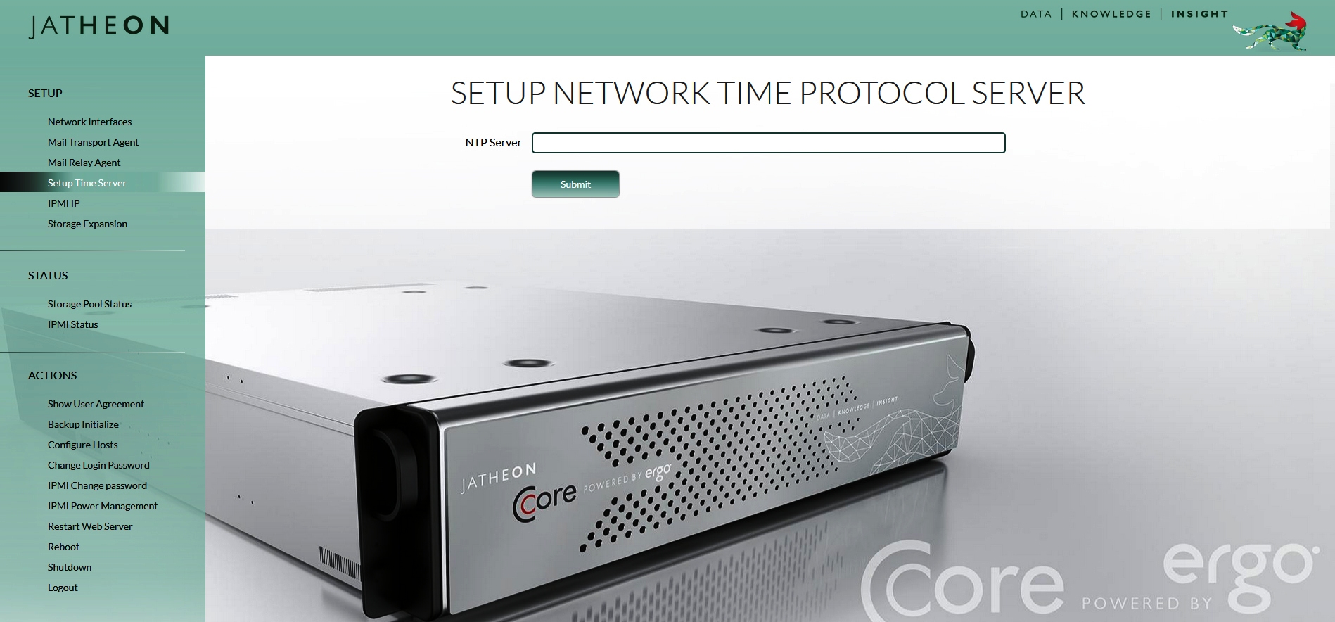 Jatheon cCore Setup Time Server tab with the NTP server IP address entered for submitting