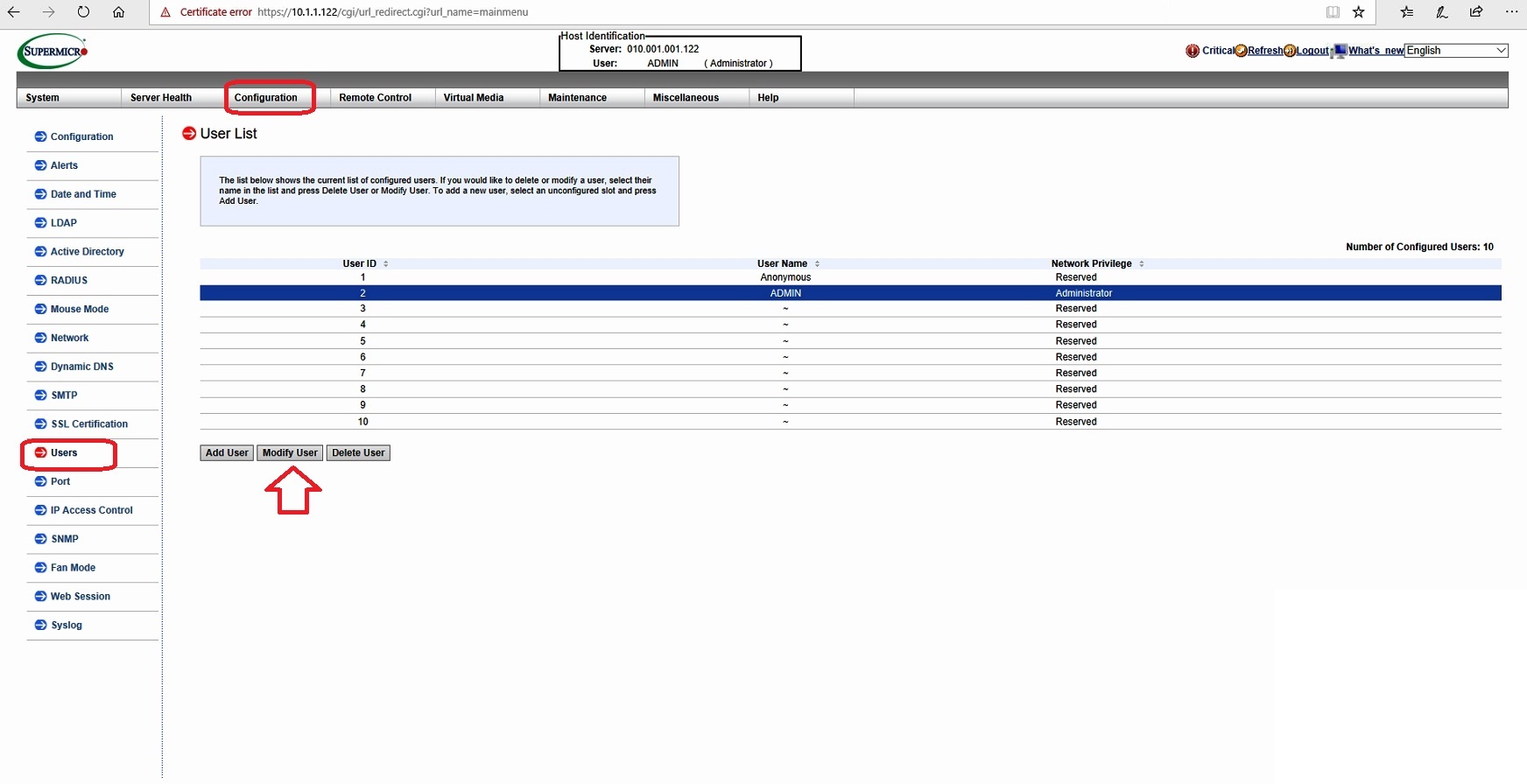 Jatheon cCore IPMI UI Configuration tab with the Users section and the Modify tab