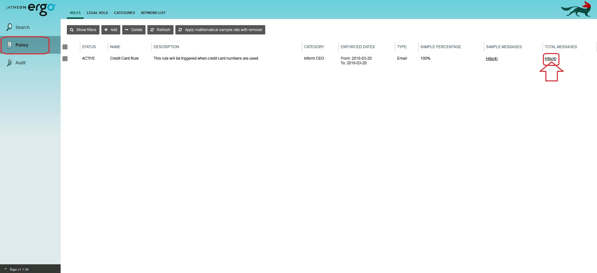 Jatheon cCore Policy tab with Hits under TOTAL MESSAGES for the selected policy