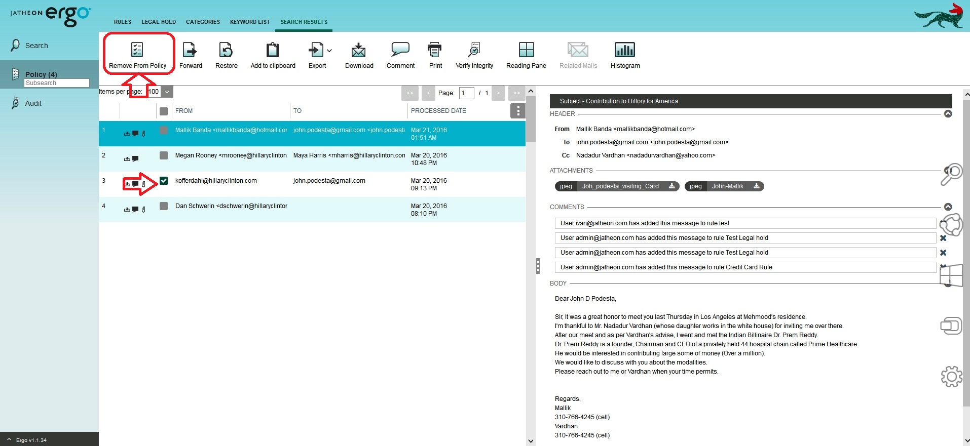 Jatheon cCore Policy Hits list with emails selected and the Remove From Policy icon