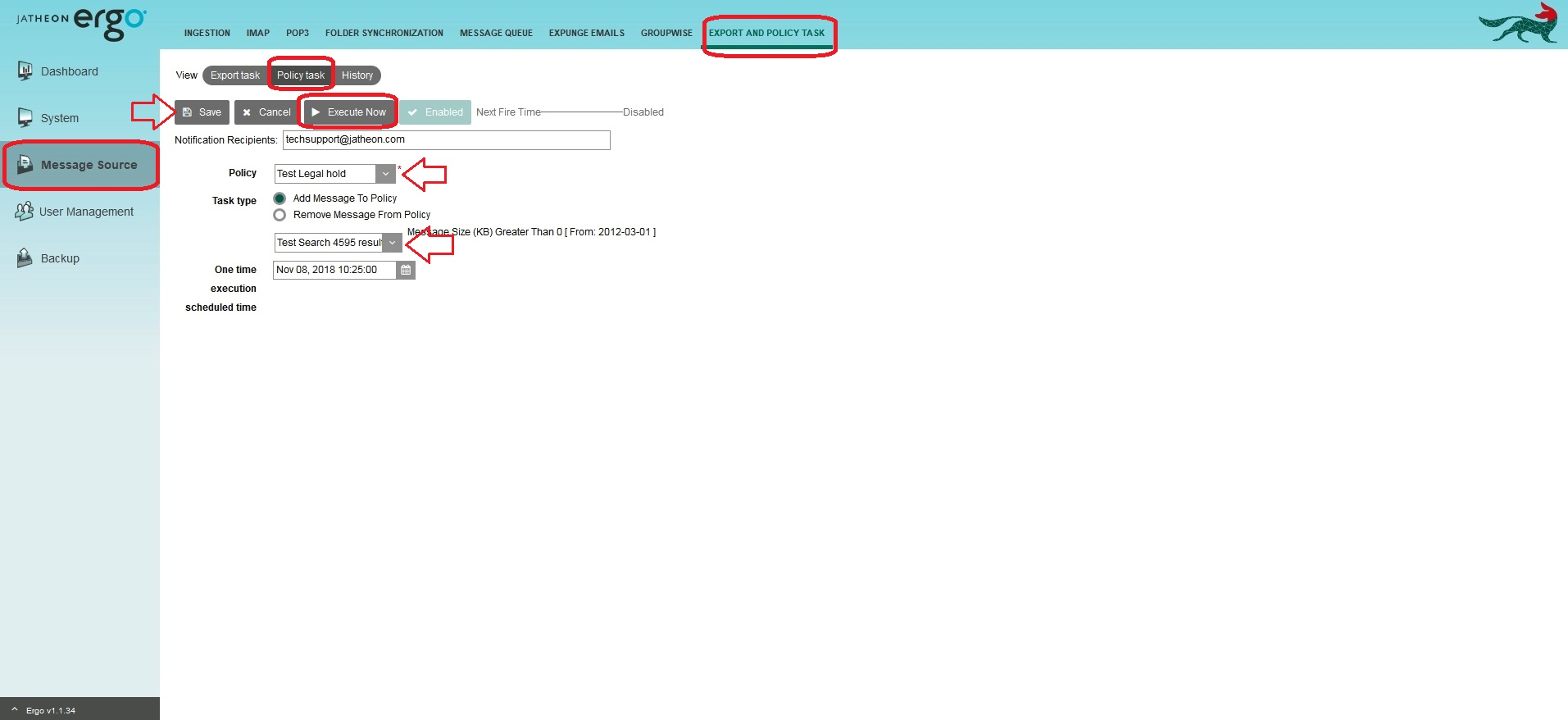 Jatheon cCore Policy task settings with the policy, Task type and saved search selected