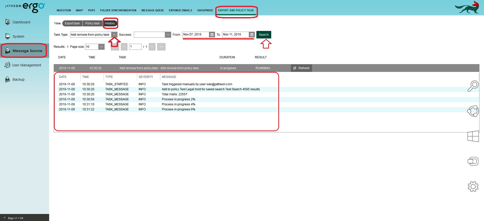 Jatheon cCore History section with the Add/Remove From Policy Task log and the Refresh button