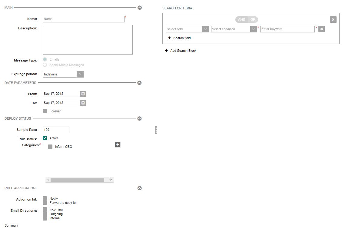 Jatheon cCore Add/Edit Rule section opened from the + Add sub-tab under Rules