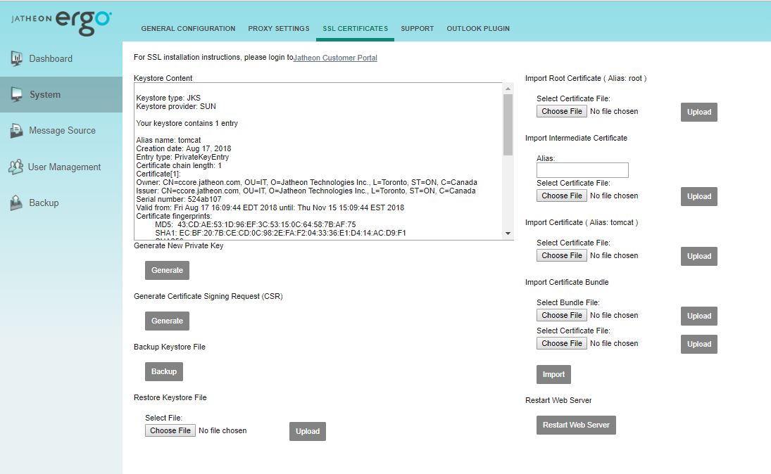 Jatheon cCore Admin Menu with System selected and the SSL Certificates tab open