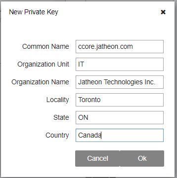 Jatheon cCore Generate New Private Key form with the required fields and the OK button