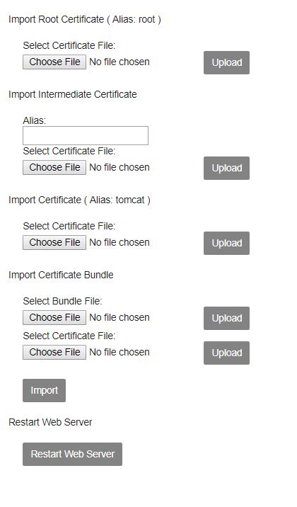 Jatheon cCore SSL certificate upload with Choose File and Upload for each certificate file