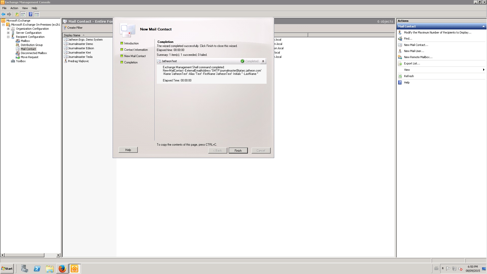 New Mail Contact wizard completed for the JatheonTest contact