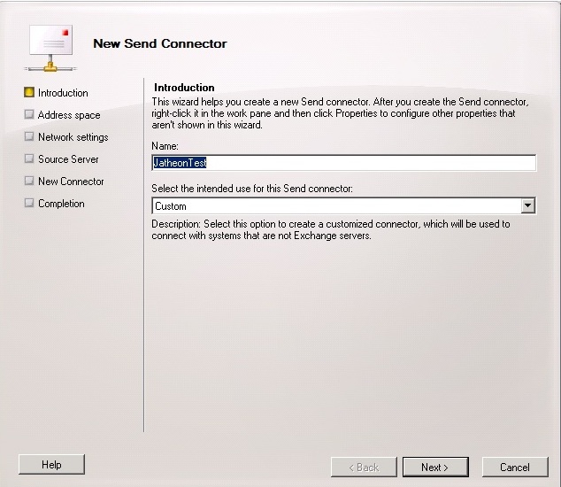 New Send Connector named JatheonTest with the Custom intended use