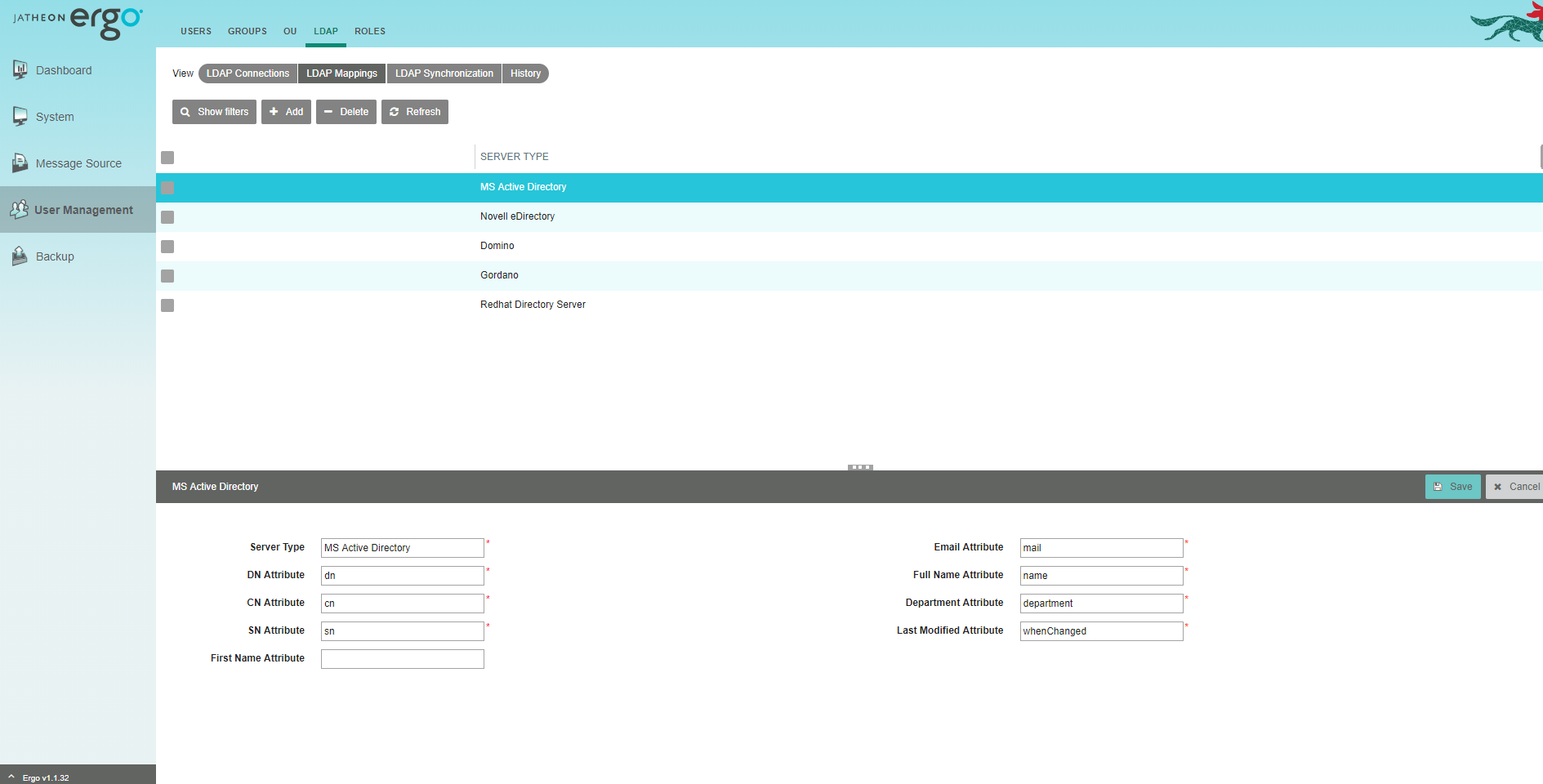 Jatheon cCore LDAP Mappings section under the LDAP tab