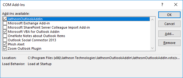 Outlook COM Add-ins list where the Jatheon cCore add-in is checked