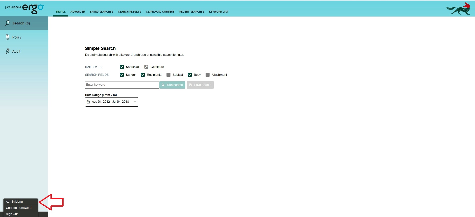 Jatheon cCore Admin Menu view after logging in as the Administrator