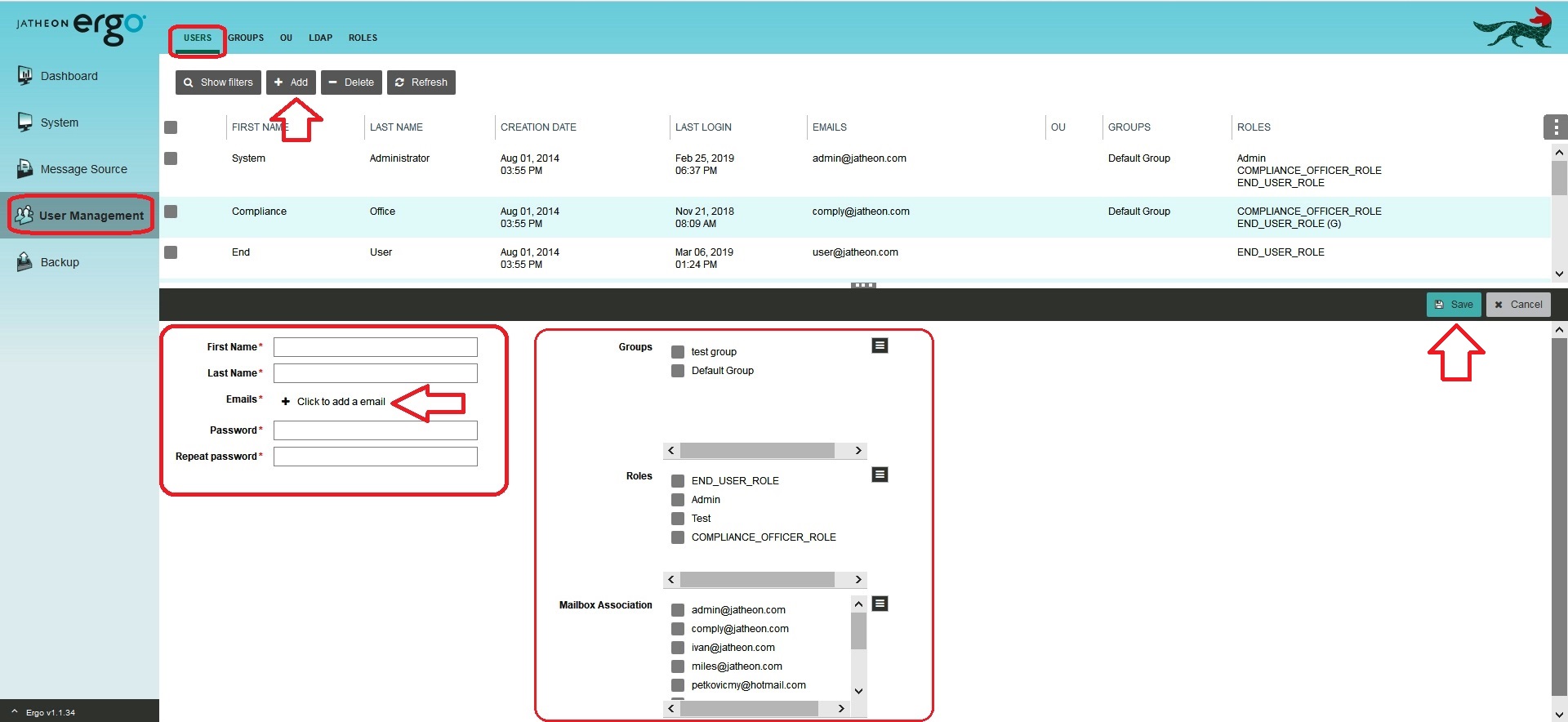 Jatheon cCore Users tab with the First name, Last name, Email address and Password fields and the Save button