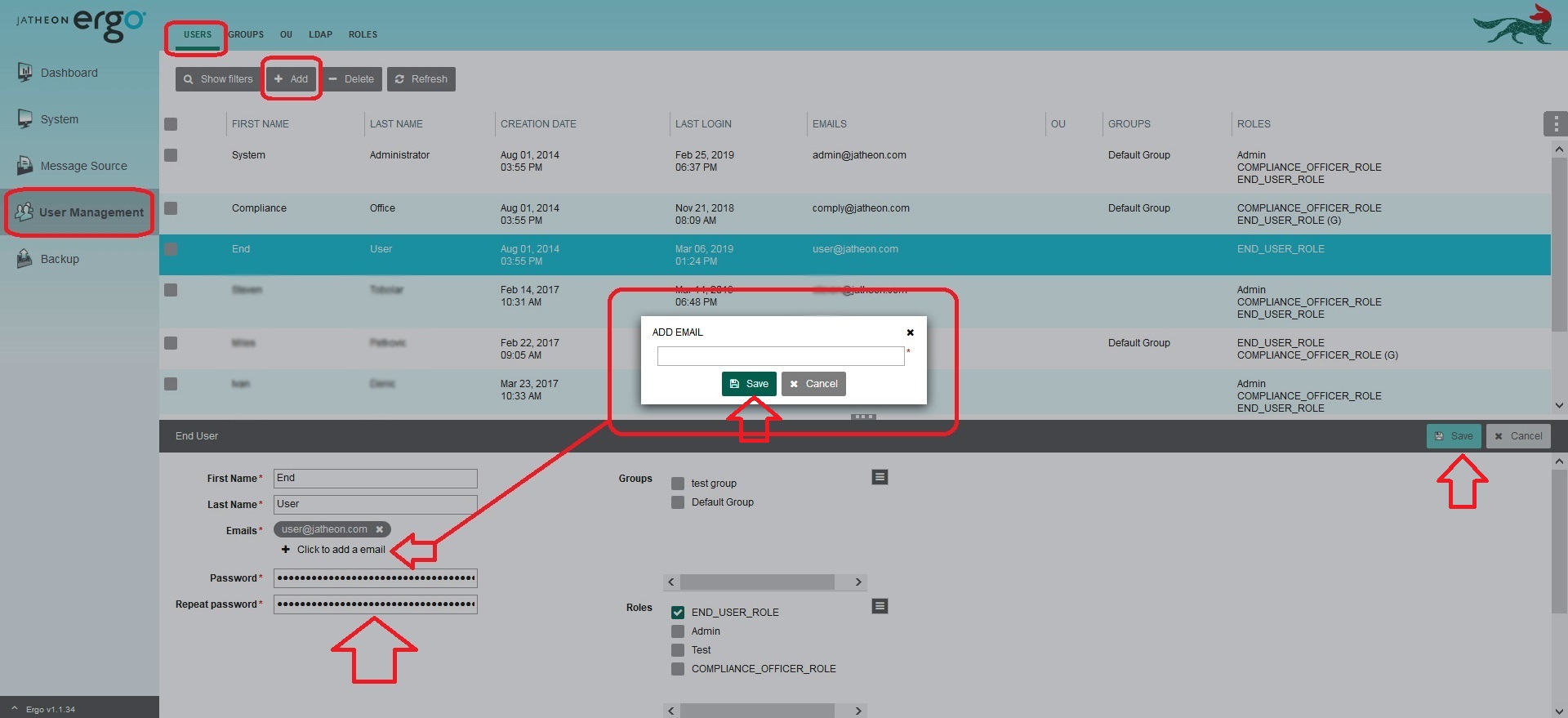 Jatheon cCore Users tab with a selected user whose details can be modified and saved
