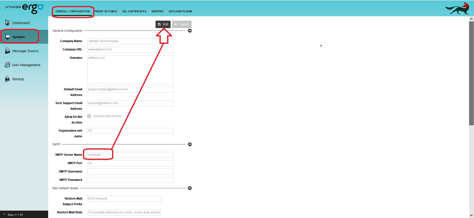 Jatheon cCore System/GENERAL CONFIGURATION page with the Edit tab