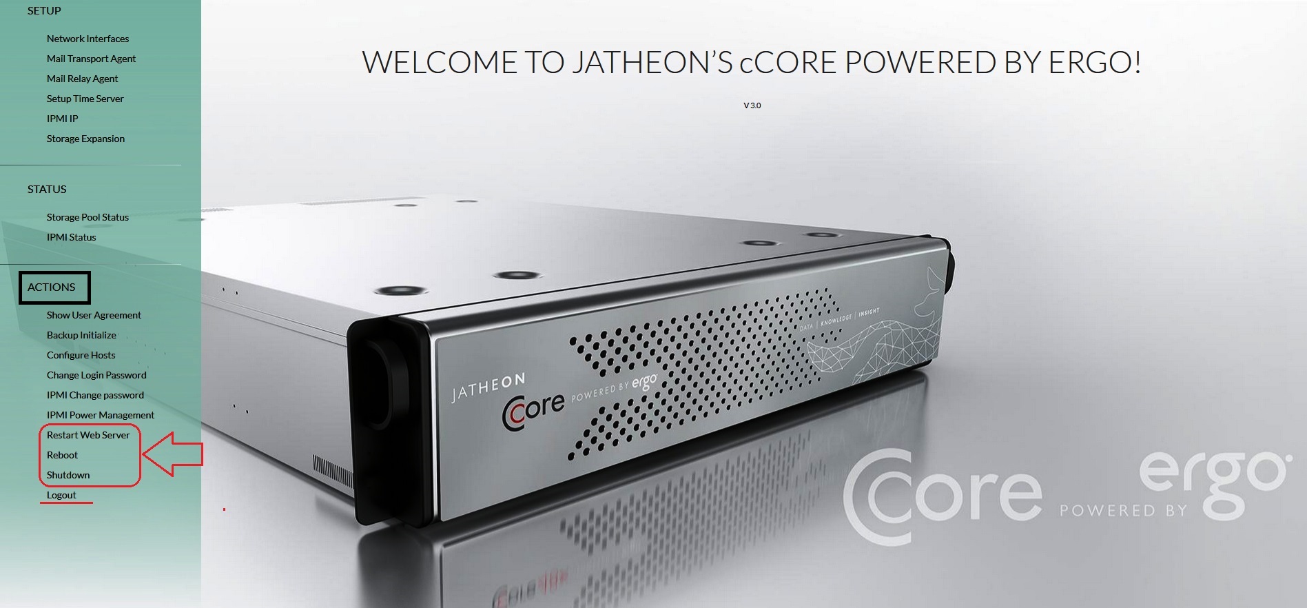 Jatheon cCore Fido-PHP welcome screen with the Action section: Restart Web Server, Reboot, Shutdown and Logout