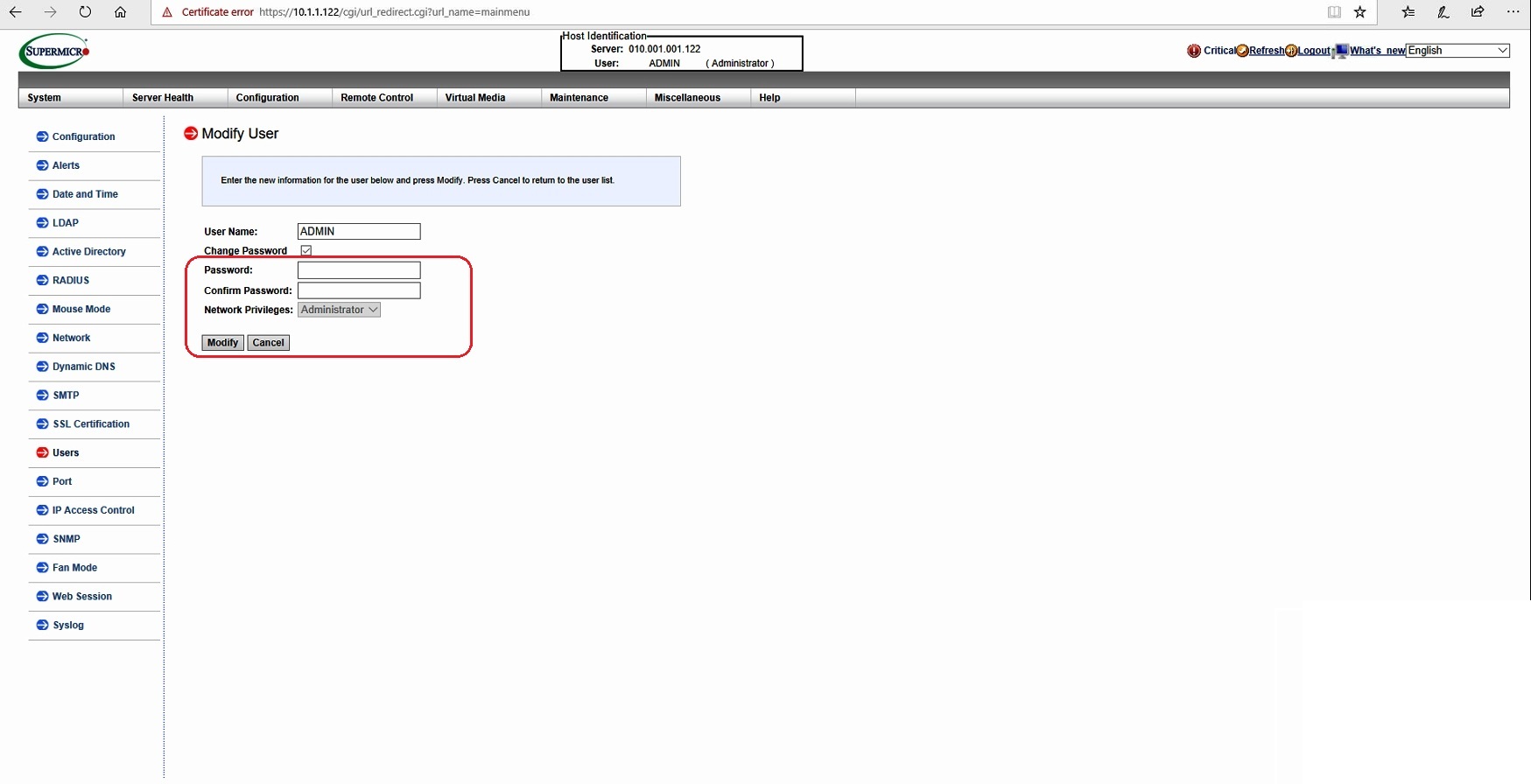 Jatheon cCore IPMI user settings with the Change the password checkbox and Modify button