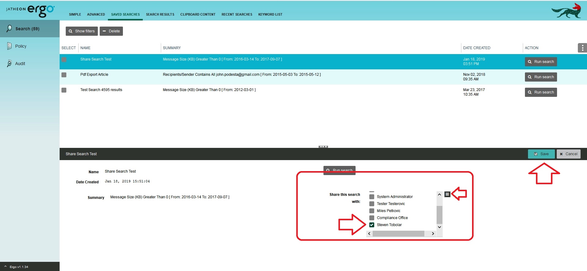 Jatheon cCore Share tab with users ticked to share a saved search