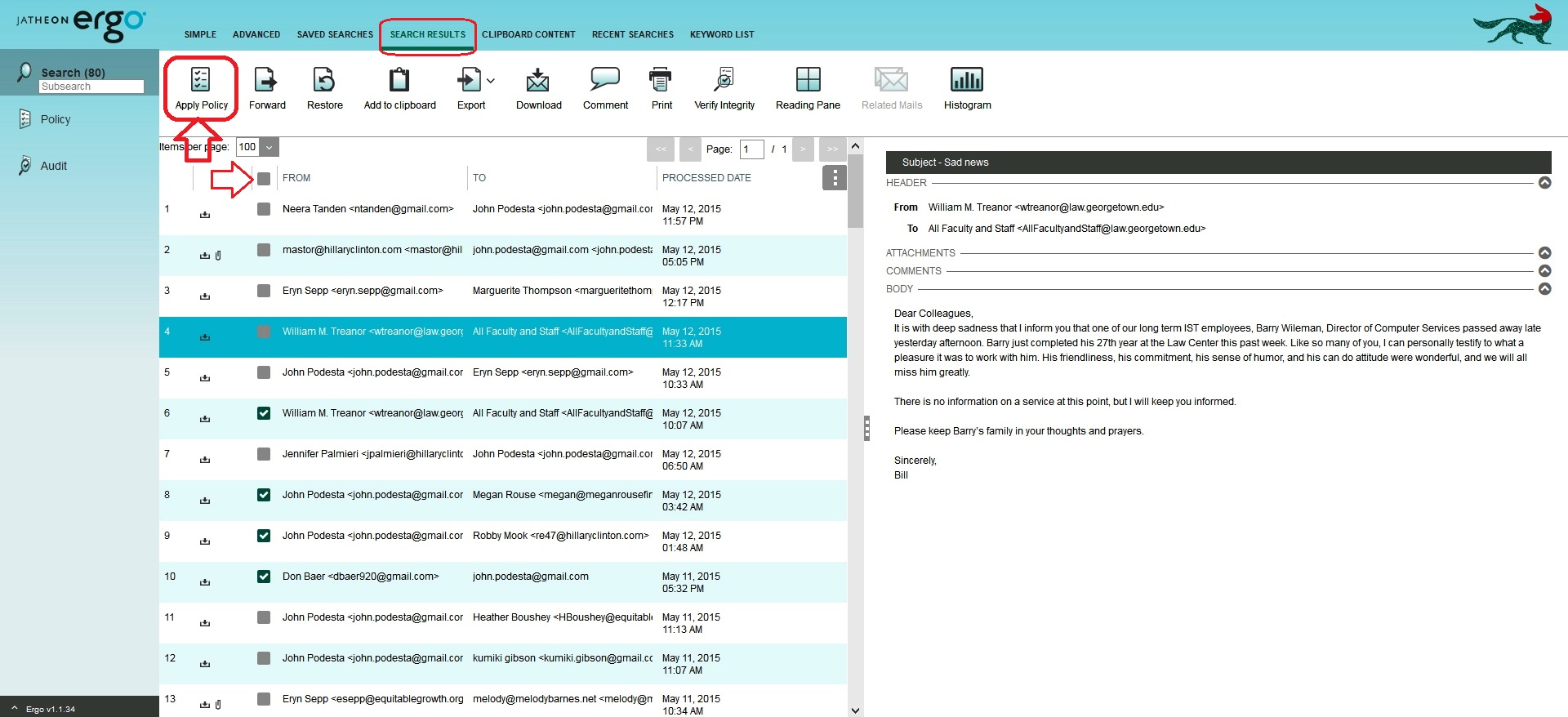 Jatheon cCore search results with emails selected and the Apply Policy icon