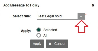 Jatheon cCore pop-up for choosing selected or all emails and the policy, with the Apply button
