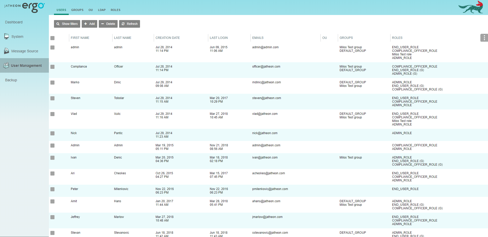 User Management in the Jatheon cCore Admin menu