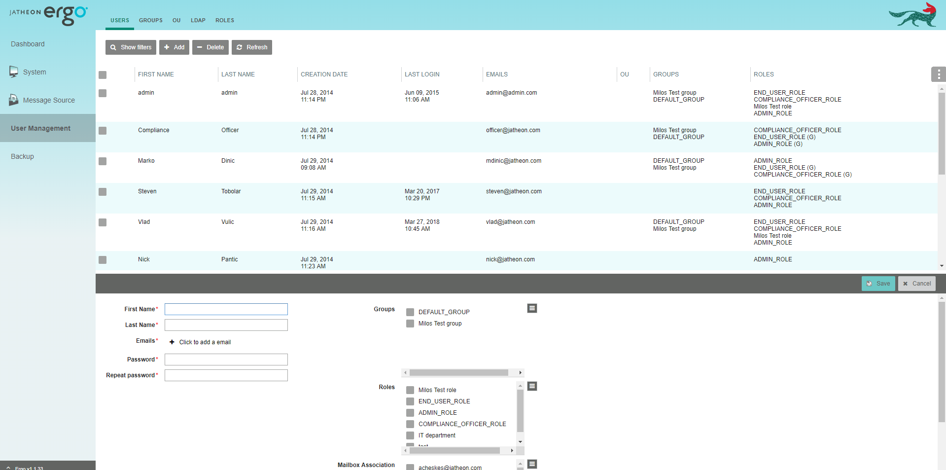 Jatheon cCore User Management page with the list of users