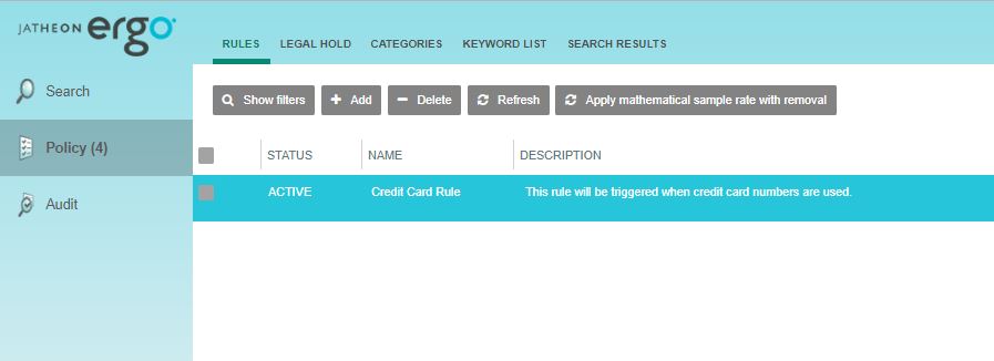 Jatheon cCore Policy tab after logging in with Compliance Officer privileges