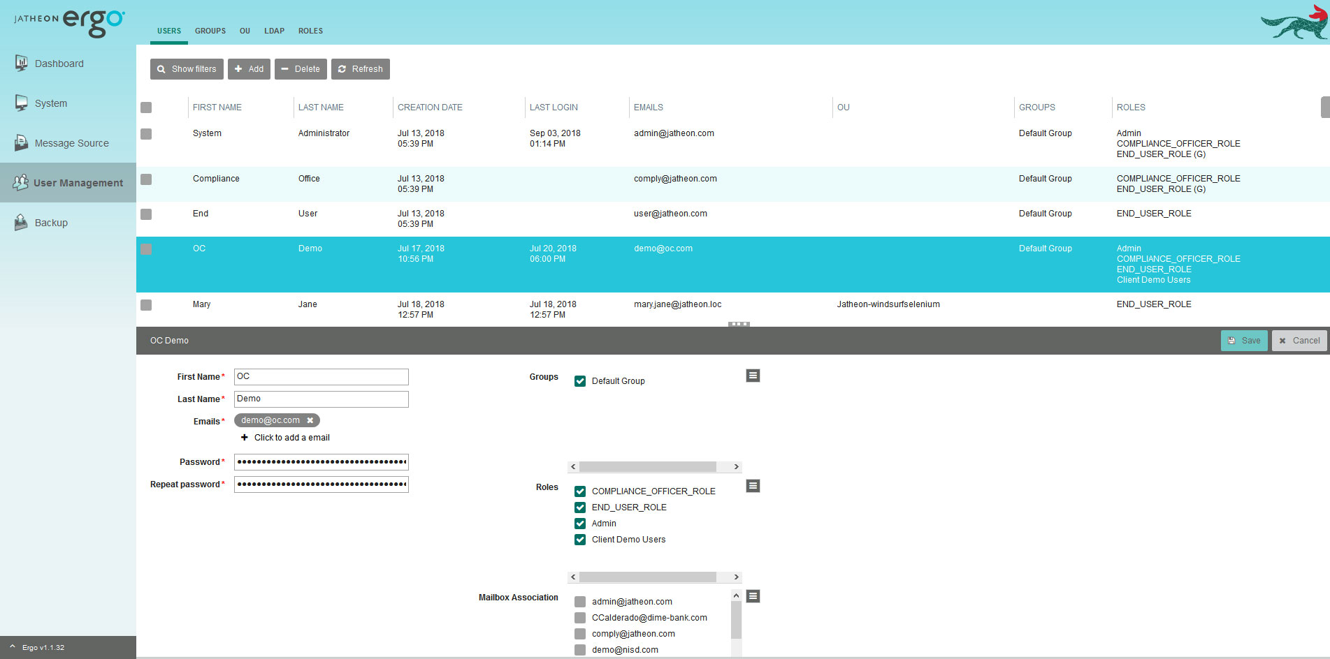 Jatheon cCore User Management list with a local user selected