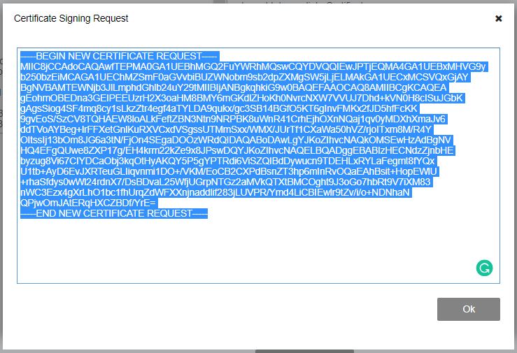 Jatheon cCore SSL Certificates tab showing the generated Certificate Signing Request (CSR)