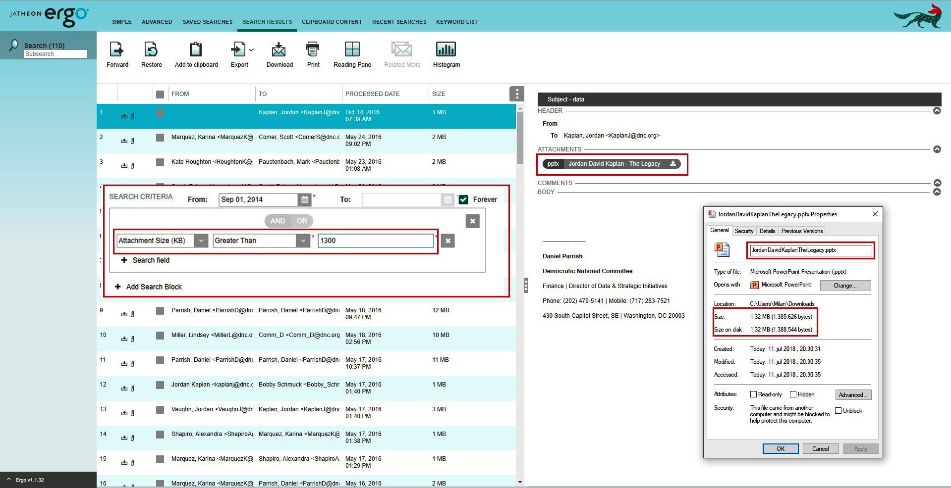 Jatheon cCore search for emails larger than 1300 KB using the Greater Than condition