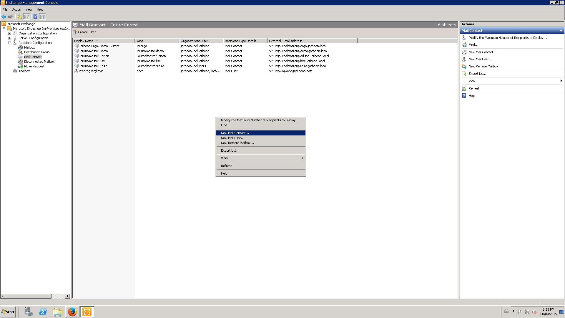 Exchange 2010 Mail Contact list with New Mail Contact selected in the right-click menu