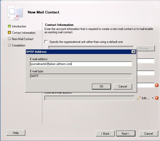 SMTP Address window with the journalmaster address of the Jatheon cCore appliance