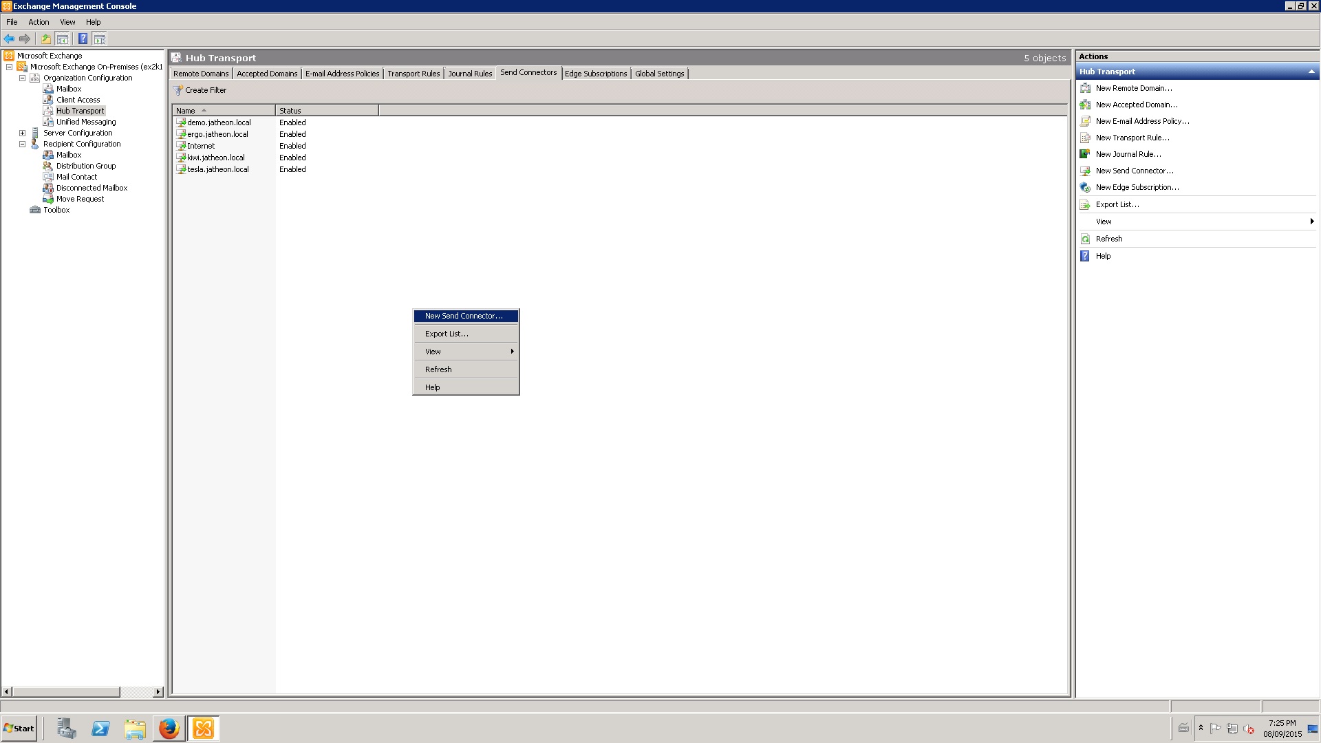 Exchange 2010 Send Connectors tab with New Send Connector selected in the right-click menu