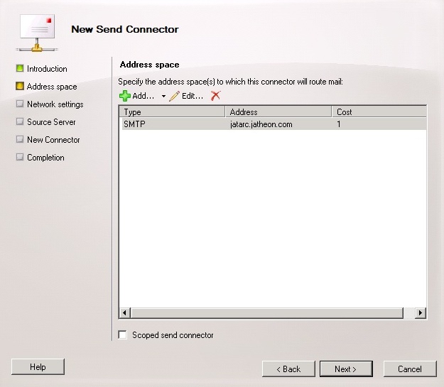 Address space set to the Jatheon cCore appliance FQDN with a cost of 1