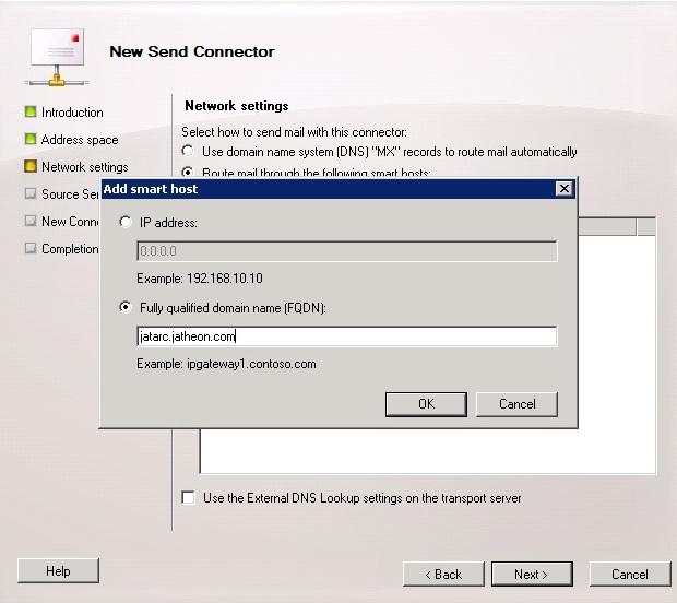 Smart host for the Jatheon cCore appliance added to the send connector