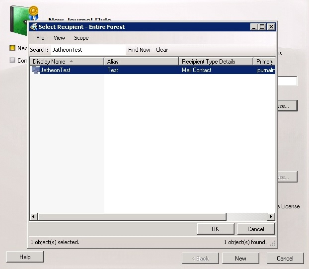 Selecting the contact created in the first step to receive Jatheon cCore journal reports