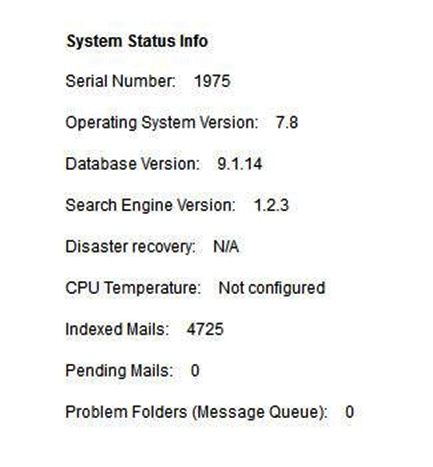 Jatheon cCore System Info health information with CPU temperature, processed and pending emails