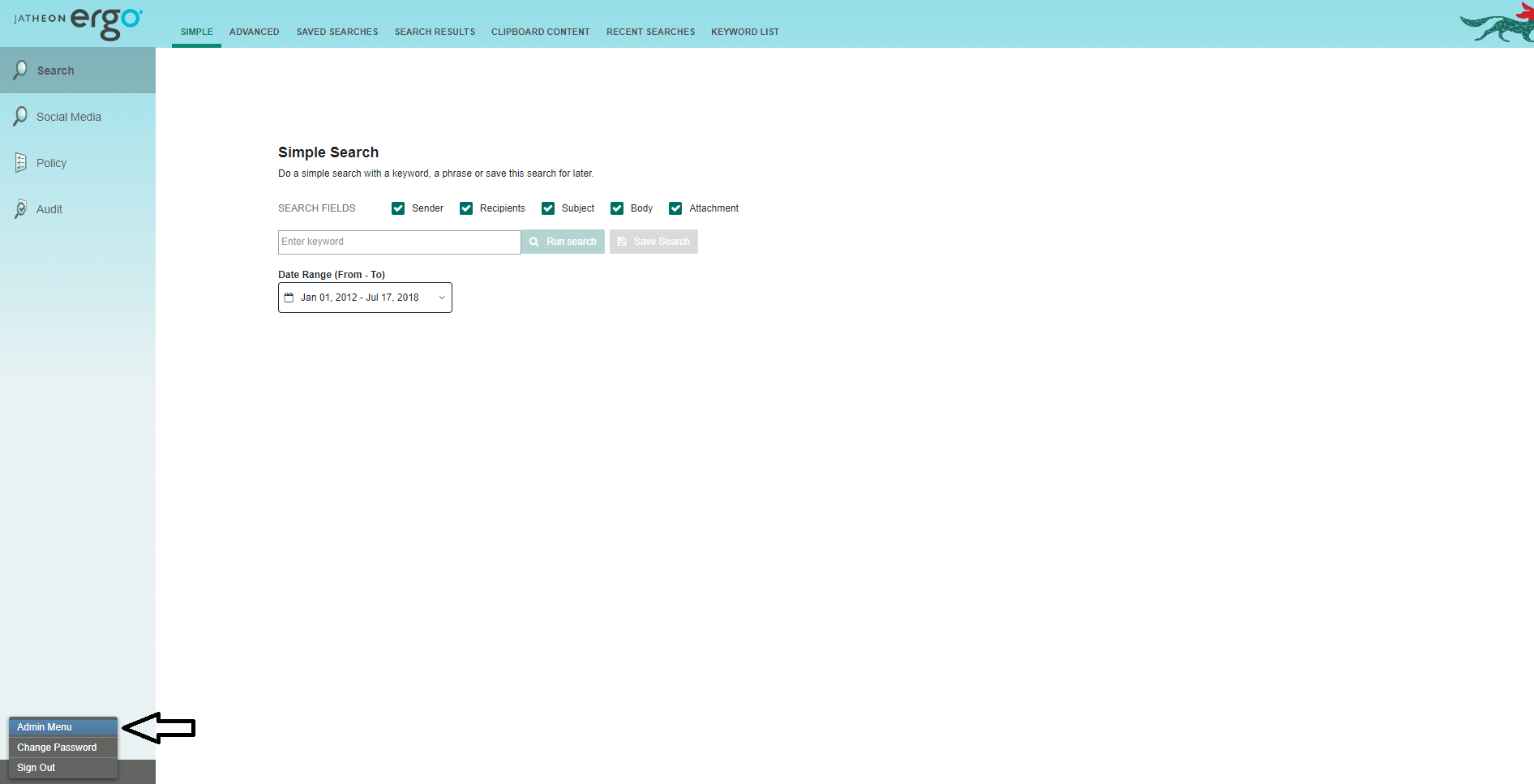 Jatheon cCore interface with the Admin menu in the bottom left corner