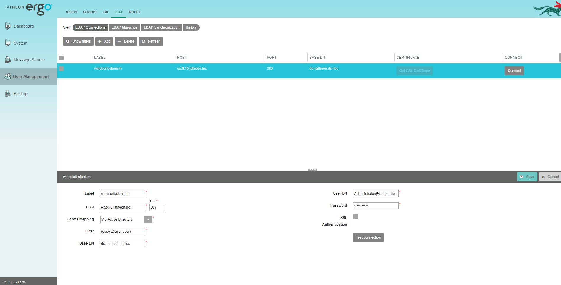 Jatheon cCore User Management LDAP tab listing all existing LDAP connections
