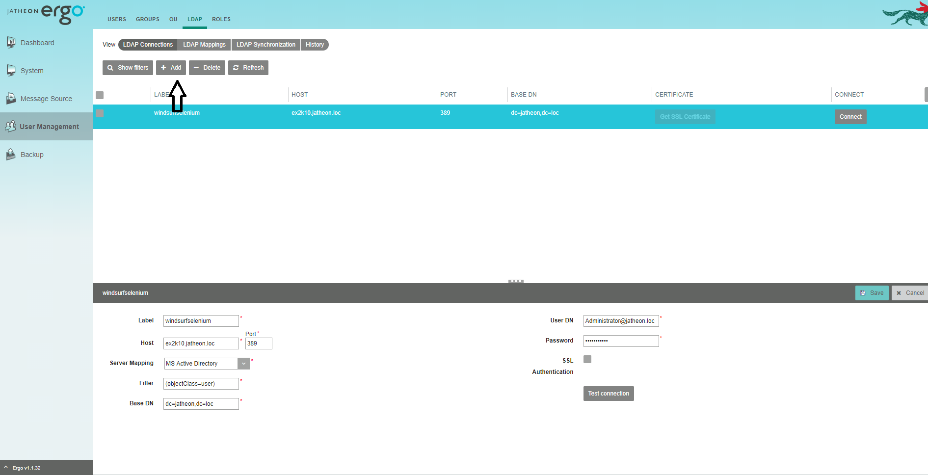 Jatheon cCore LDAP Connection form opened with the Add button in the LDAP Mappings section