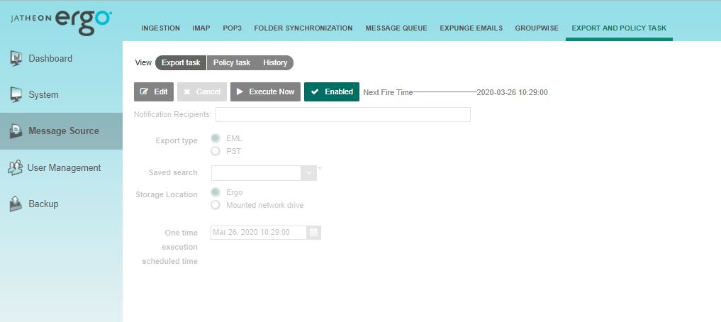 Jatheon cCore Admin Menu with the Message Source tab open