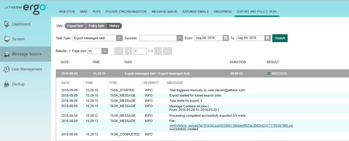 Jatheon cCore History tab with a completed export task marked Success and its download link