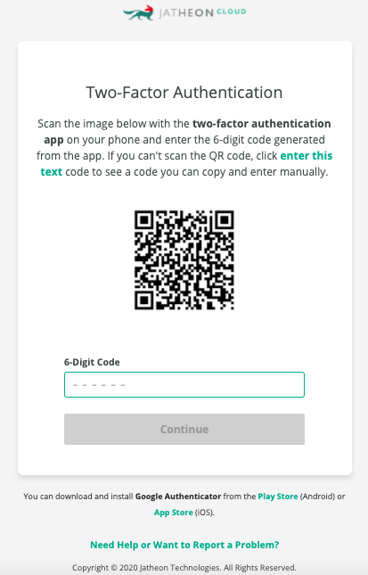 Jatheon Cloud 2FA setup page with the QR code, the 6-digit code field and the Continue button