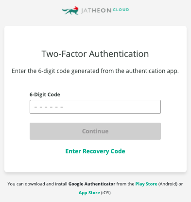 Jatheon Cloud login prompt for the 6-digit code generated by the authentication app